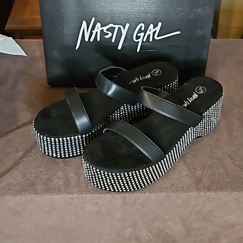 Faux Leather Double Strap Embellished Platform Sandals